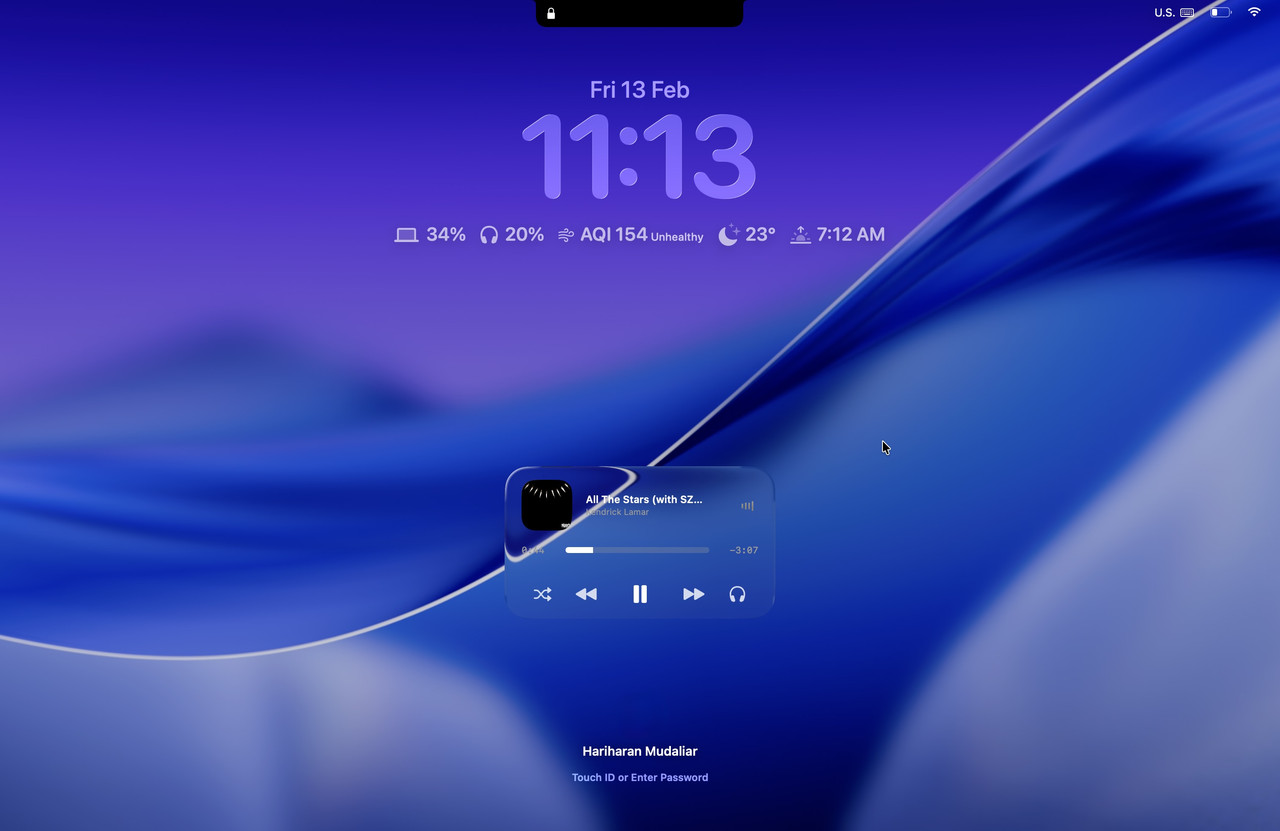 Atoll lock screen widgets showing time, weather, battery and a media player
