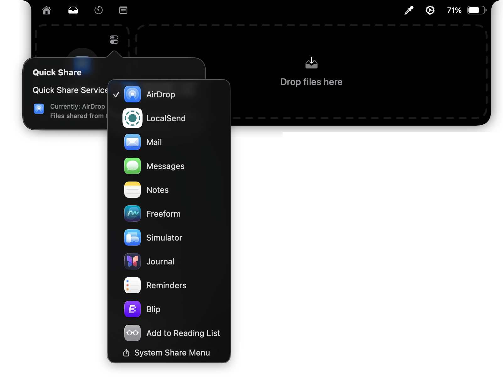 Atoll LocalSend sharing UI from the Fiji release